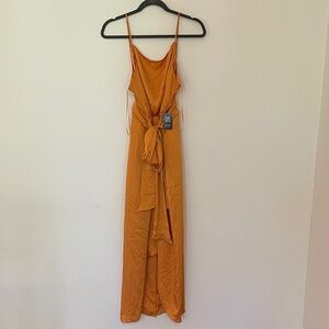 Elegant Orange Satin Sleeveless Dress
